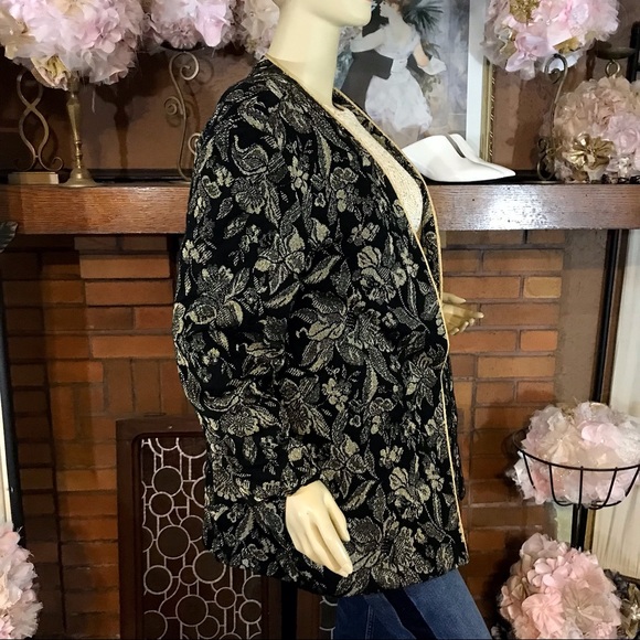 VINTAGE DONNKENNY BLACK & GOLD BROCADE 1980'S CARDIGAN (M) - Picture 5 of 11